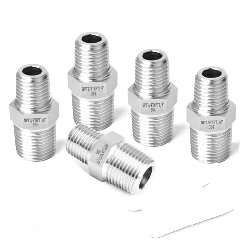 TAISHER 5PCS 304 Stainless Steel Hex Nipple, Reducer Pipe Fitting 1/4-Inch Male Pipe x 1/8-Inch Male Pip