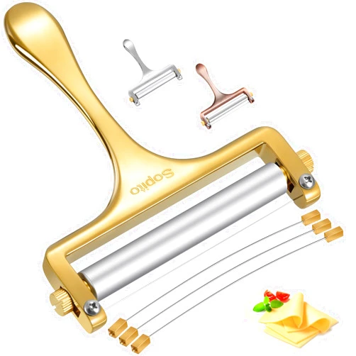 Sopito Cheese Slicer Stainless Steel With 3 Extra Wires Great for Cheddar, Gruyere, Raclette, Mozzarella Cheese Block, Gold