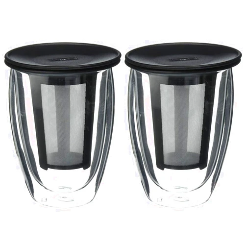 Bodum One Tea Strainer with Pavina Double Wall Glass Set, 12 Oz, Black (Pack of 2)