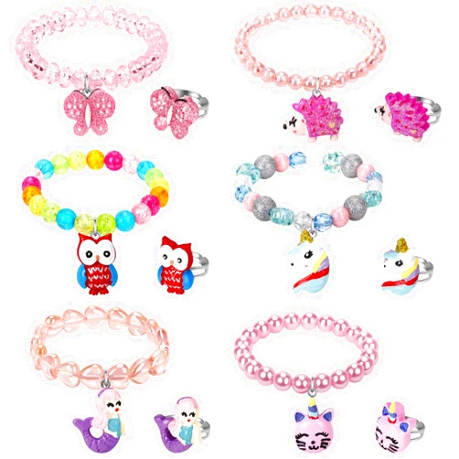 Msnailfly Mermaid Unicorn Bracelet Ring Set Girls Butterfly Bracelets Little Girls Ring Set Toddler Girls Jewerly Bracelets and Rings for Birthday Party Favors-12Pcs