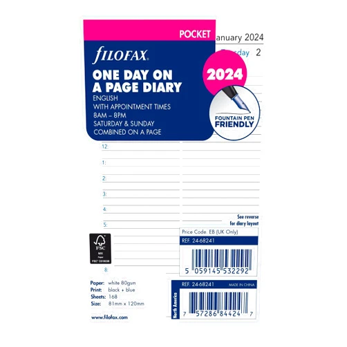 Filofax Calendar Diary Refill, Pocket Size, Day on One Page with Appointments, Ruled, White Paper, English, 2024 (C68241-24)