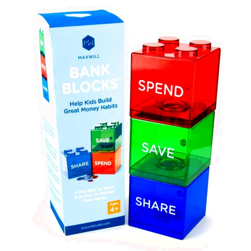 Maxwill Save Spend Share Piggy Bank for Kids - Clear Transparent Plastic Coin Banks for Boys & Girls - Teach Children About Giving & Saving Money - Block Banks by Maxwill