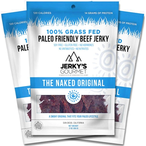 Jerkys Gourmet of San Diego Naked Grass Fed Beef Jerky - 120 Calorie Snacks, Gourmet Healthy Low Carb, High Protein - Keto Friendly, Paleo Friendly, Soy Free & Gluten Free (3 Packs)
