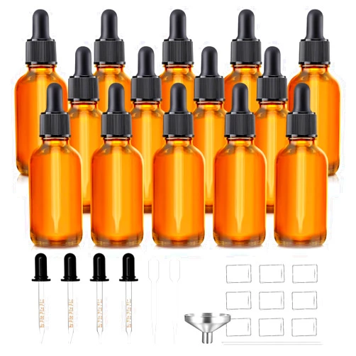 Bumobum 14 Pack, 1 oz Tincture Bottles with Dropper, Amber Glass Dropper Bottle Leakproof with Stainless Steel Funnel, Pipettes & Labels, 30 ml Eye Dropper Bottles For Essential Oils Serums Hair Body Oils