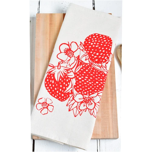 Handmade Strawberry Tea Towel, Organic Cotton, Red Berries, Fruit Dishcloth, Farmer's Market, Hand Screen Printed, Flour Sack Dish Towel, Sweet Housewarming Gift, Natural