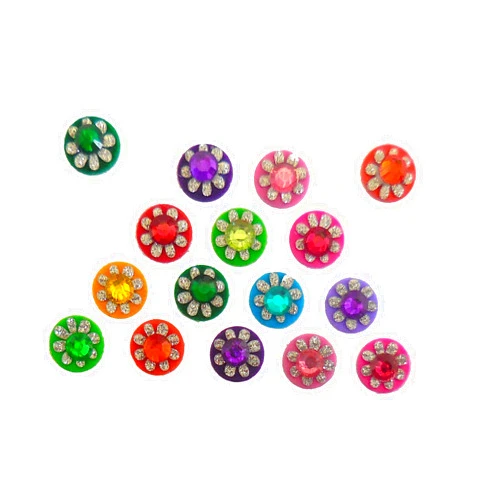 India Crafts ™ 4 Packs - 64 Colorful Crystal Bindi Velvette round face jewels Tika (Round Crystal)