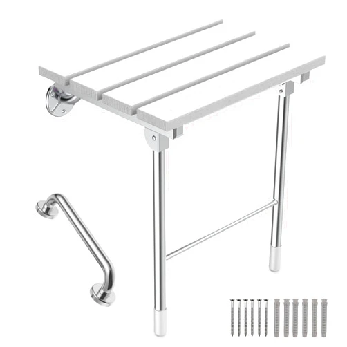 UrEscort Folding Shower Seat Wall Mounted, Foldable Wall Wood Shower Chair Bench for Seniors, Bathroom Safety Shower Stool for Small Shower(Modern White)