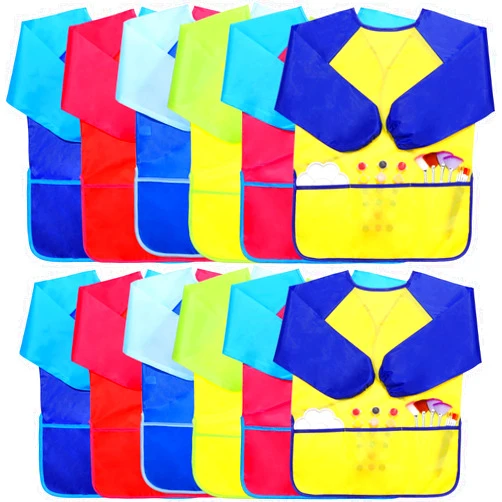 Haysandy 12 Pcs Smocks for Kids Art Smocks for Kids Paint Smocks Colorful Children Aprons Artist Painting Smocks with Long Sleeve and 3 Pockets for Age 3-8 Years