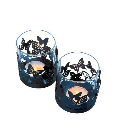 Lily's Home Lily’s Home Cutout Shadow Box Votive Tea Light Hurricane Glass Candle Holders, Ideal for Celebrations, Home Party Decor, Candlelit Dinners, Tabletop Lighting, Butterfly Flutter, Black, Set of Two