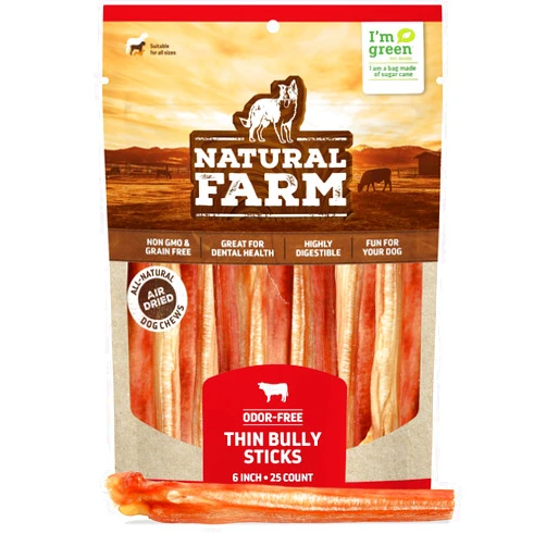 Natural Farm Odor-Free Thin Bully Sticks (6”, 25-pack) ALL-NATURAL Long-Lasting Dog Chews, 100% Beef Pizzle, Grass-Fed, Grain-Free, Protein for Muscle Development & Energy, Perfect for Medium Chewers