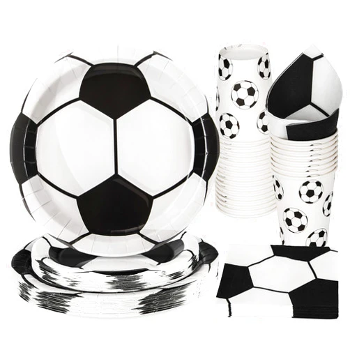 Qiaozeng 96Pcs Soccer Party Tableware Set Paper Plates Cups and Napkins Disposable Dinnerware Party Supplies for Birthday, Black White Football Soccer World Cup Party Decorations Serve 24 Guests