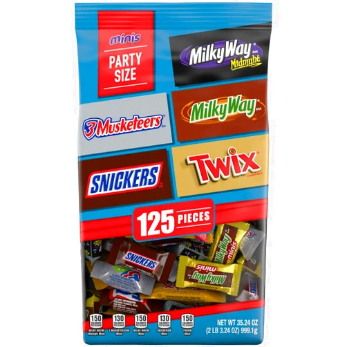 Mars SNICKERS, TWIX, 3 MUSKETEERS, MILKY WAY & MILKY WAY Midnight Minis Back to School Chocolate Bar Variety Pack, 35.24oz (125 pieces) Bulk Candy Bag