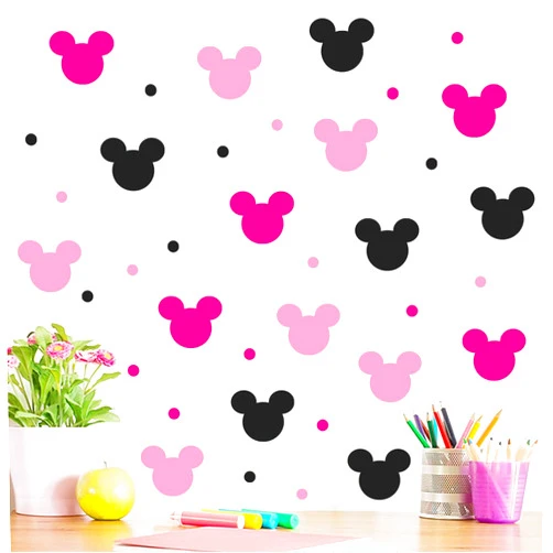 AI PARTY Cute Mouse Wall Decals Children's Cartoon Bedroom Background Wall Decoration Self-Adhesive PVC Minnie Wall Stickers for Girls Pink, Black, Rose