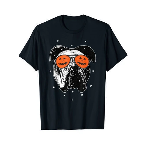 Funny Halloween Animal Apparel Co. English Dog Wearing Pumpkin Sunglasses | Halloween Bulldog T-Shirt