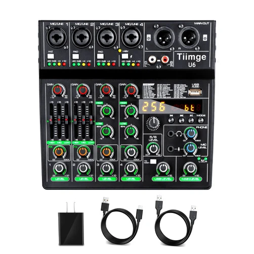 Tiimge Professional 6-Channel Audio Mixer with 256 DSP Effects,48V Phantom Power,Bluetooth,MP3,USB Recording Input,Portable Sound Mixing Console for Streaming,DJ Show,Karaoke