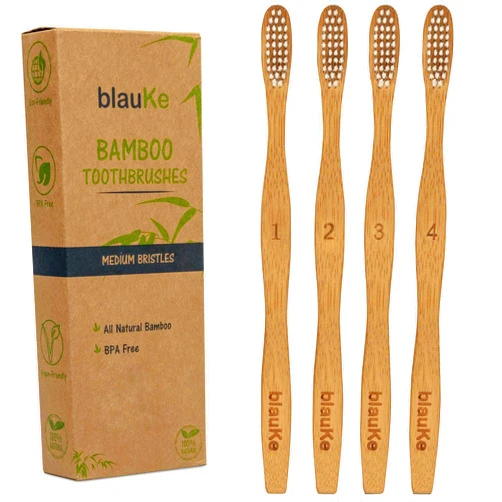 BlauKe Bamboo Toothbrushes Medium Bristles 4-Pack – Biodegradable, Sustainable, Compostable, Natural, Eco Friendly Wood Toothbrush Set – BlauKe®