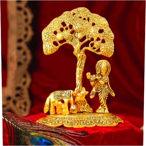TIED RIBBONS Lord Krishna with Cow and Calf Idol | Brass, Golden | 6.6 Inch | Krishna Statue Small Hindu God Idols for Home Decor, Office Desk, Pooja, Temple, Indian Gifts, Janmashtami Decoration