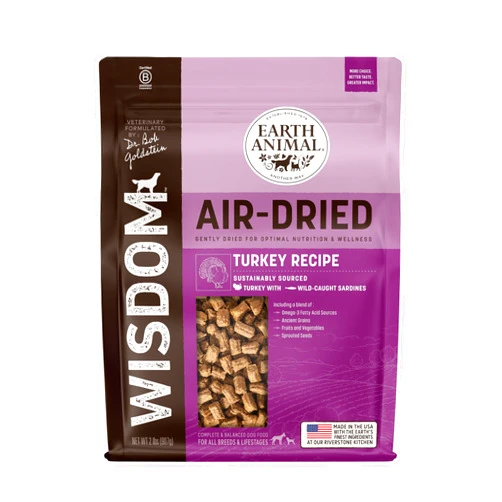 Earth Animal Wisdom Air Dried Dog Food | Turkey Recipe Premium Natural Dog Food | All Breeds & Ages | Made in The USA | 2 Pound Bag
