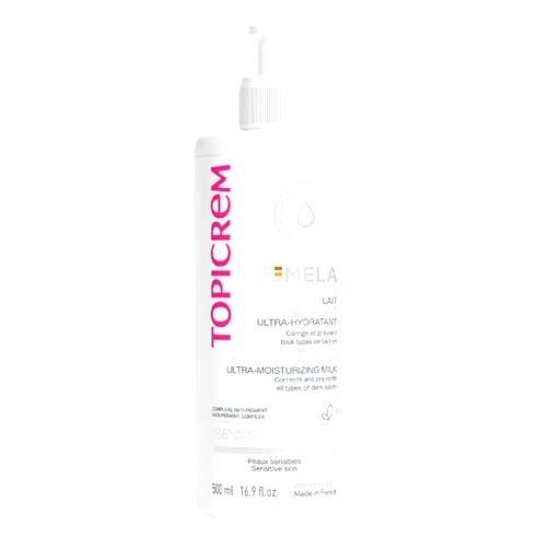 Topicrem GIGATEMP Topicrem - Mela, Lait Unifiant Ultra Hydratant Corps - Hydrate 24h, Unifie le Teint, Corrige et Prévient l’Apparition des Taches Texture Onctueuse Peaux Sensibles Nouvelle Formule 500ml