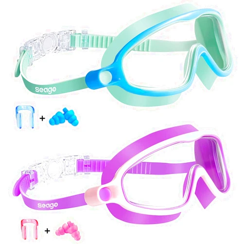 Seago Swim Goggles 2 Pack Anti-Fog Anti-UV Wide View Swimming Goggles for Kids 3-15