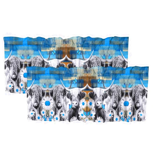 Brebasf Abstract Modern Art Blue Grey Blackout Rod Pocket Curtains Valances,Watercolor Graffiti Geometric Daisy Yak Butterflies Kitchen Home Decor Window Curtains 54x18inch（2Pcs）