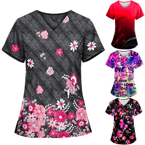 UDAUDU Womens Heart Printed Animals Nurse Uniforms 2025 Scrub Tops for Women, Short Sleeve V Neck Scrub Shirt with Pockets