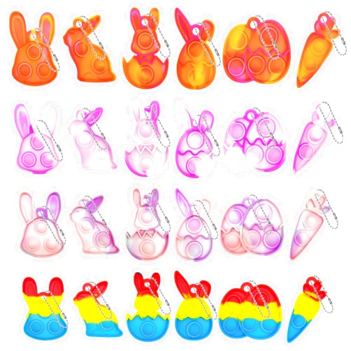 GooKit 48 Pack Easter Pop dget Toys Keychain Basket Stuffers Eggs Bunny Carrot 4 Colors Push Bubble Sensory Squeeze Popper Stress Relief Party Favor Gifts for Kids
