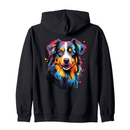 Retro Aussie Dog Tees Watercolor Colorful Australian Shepherd Aussie Zip Hoodie