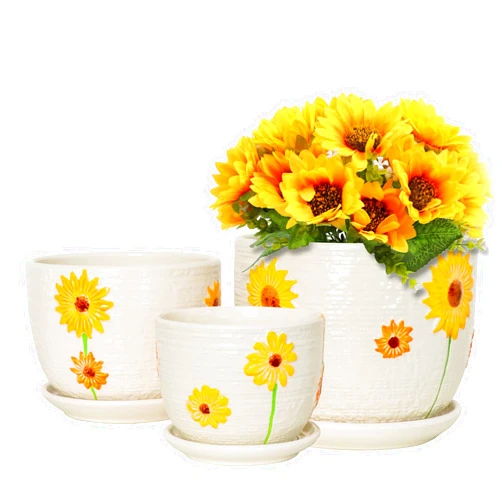 Ton Sin Plant Pots,Set of 3 Ceramic Sunflower Flower Pots for Indoor Plants,4+5+6 inch Pots with Drainage Hole Saucer,Garden Pots Catus Planters