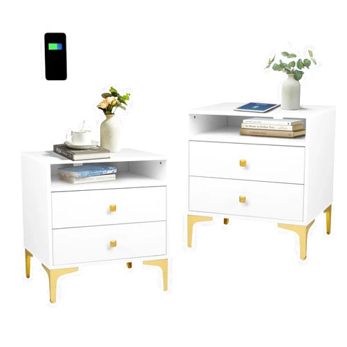 AILEEKISS Nightstands Set of 2 with Wireless Charging Function, Wood Night Stands 2 Sets with Drawers and Open Shelf Storage, Modern Bed Side Tables for Bedroom,Living Room (White 2 Sets)