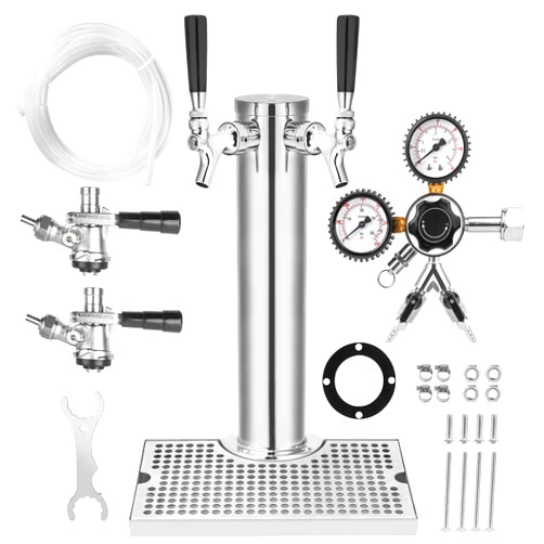 TMCRAFT Kegerator Tower Kit, Double Tap Beer Conversion Kit, Stainless Steel Beer Tower with Dual Gauge CGA-320 Regulator & D-System Keg Coupler for Bars, Pubs, and Restaurants