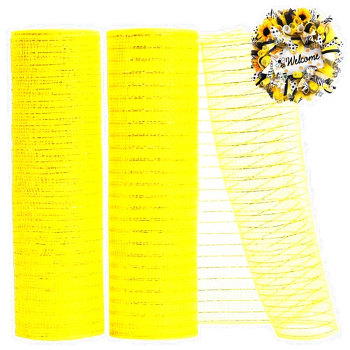 TONIFUL 2 Rolls 10 Inch Yellow Decorative Mesh Ribbbon Rolls, Fabric Mesh with Foil for Mesh Wreath Supplies, Front Door Wreath Crafts Tree Decor Christmas NewYears Halloween Decoration (10 yds/roll)