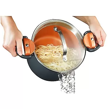 GOTHAM STEEL 5 Quart Multipurpose Pasta Pot with Strainer Lid & Twist and Lock Handles, Nonstick Copper Surface Makes for Effortless Cleanup with Tempered Glass Lid, Dishwasher Safe