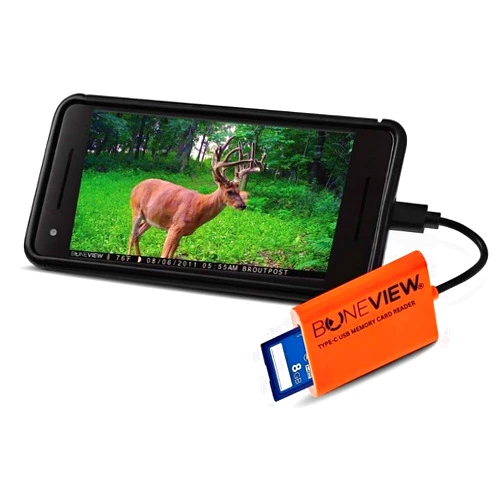 BoneView SD Card Reader, Type-C USB Trail Camera Viewer Plays Deer Hunting Photo Video on Android Phone or Tablet