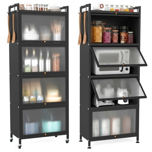 Giantex 5-Tier Kitchen Storage Cabinet, Mobile Microwave Stand with Flip-up PC Doors, Freestanding Kitchen Bakers Rack with 4 Rolling Casters, for Dining Room, Living Room and Study, Black
