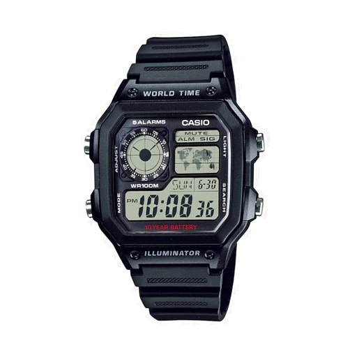 Casio AE1200WH Series | Men’s Digital Watch | 100M WR | Multi Alarms | 100 SEC Stopwatch | Countdown Timer | World Map for World Time | LED Light | LC Analog Display | 10 Year Battery