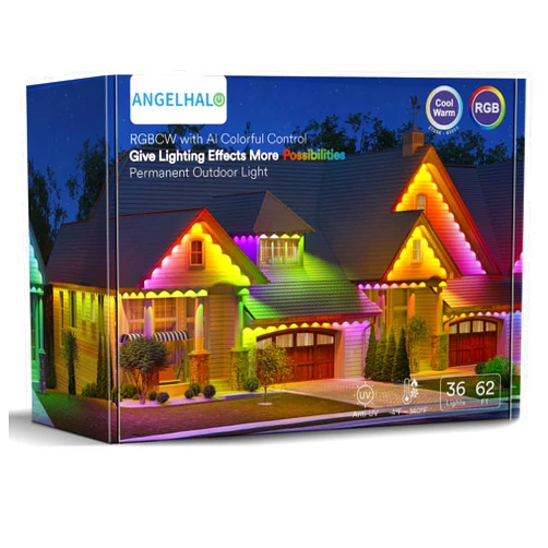 ANGELHALO Permanent Outdoor Lights Pro, 62ft with 36 LED Lights for Daily and Accent Lighting, Multiple Scene Modes Eaves Lights with Warm and Cold White Light, IP67 Waterproof, Compatible with Alexa