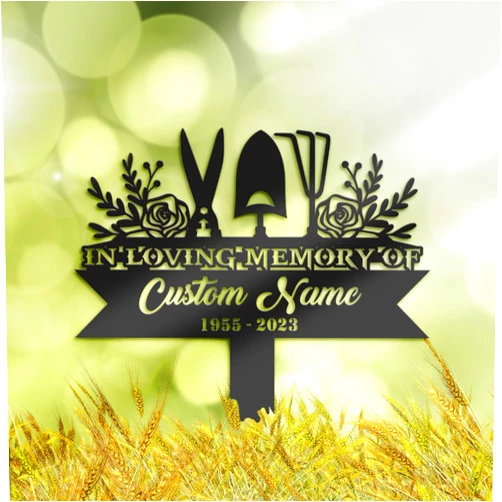Houhaoaty Personalized Gardening Tools Gardener Horticulturist Memorial Stake, Metal Sympathy Sign, Custom Outdoor Grave Marker, Remembrance Stake, Durable Metal Cemetery Decoration