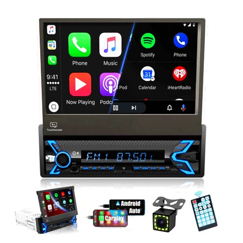 SEMAITU Single Din Car Stereo Compatible with Apple Carplay & Android Auto, 7 Inch Motorized Flip Out Foldable HD Touchscreen,Backup Camera, with Bluetooth/Mirror Link/Camera/FM/USB/SWC/TF/AUX (Black)
