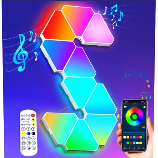 Amailtom Triangle Light Panels, RGB Gaming Lights for Gaming Setup, DIY Triangle LED Wall Lights with 6 Connection Ports, APP and Remote Controlled, Music Sync for Gaming Room Bedroom Streaming, 10 Pack