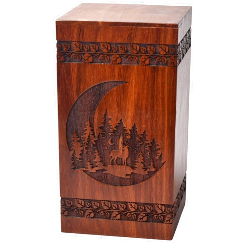 Tamanna crafts Handcrafted Rosewood Urn For Human Ashes - Beautifull Moon And Deer Tree Wooden Box - Cremation Urn For Pets Handmade Burial Urn Box For Loving Memories (Rosewood, S(8X4.75”)115Cu)