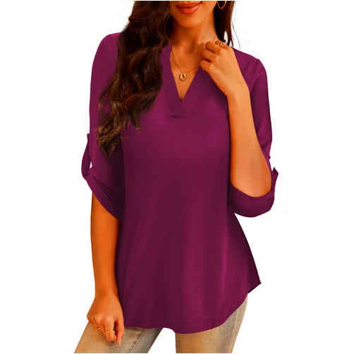 a.Jesdani Women's Plus Size Tops 3/4 Roll Sleeve Shirts V Neck Blouses Tunic Top