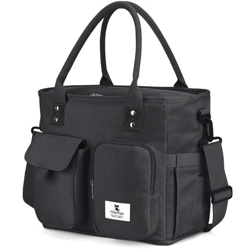 Hafmall Large Insulated Lunch Bag for Women Men, Leakproof Lunch Box for Adults, Wide Opening Lunch Tote Bag with Shoulder Strap, Reusable Lunch Cooler Bag for Work, Picnic, Black