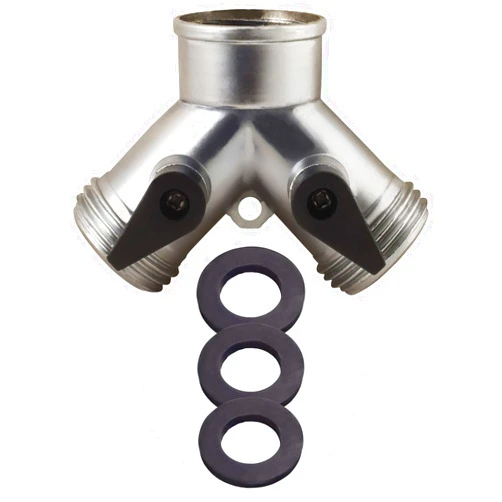 Melnor 65028-AMZ Metal 2-Way Valve with 3 Hose Washers Set, Silver, Black