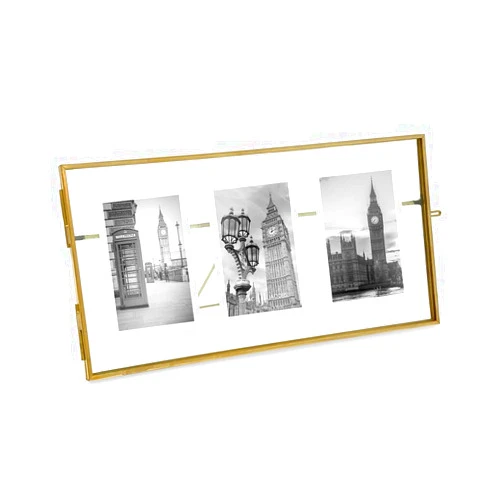 Isaac Jacobs 3-Photo Vintage Style Glass and Metal Floating Picture Frame (Horizontal) w/Locket Closure; (Fits 3 2x3 photos) for Photos, Art, & More, Tabletop Display (Three-2x3, Antique Gold)