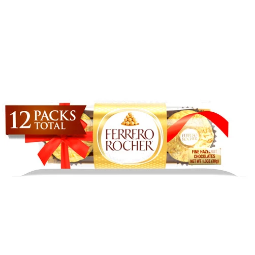 Ferrero Rocher, 12 Holiday Gift Packs, Gourmet Milk Chocolate Hazelnut, Chocolate Gift Box, Individually Wrapped, 1.3 oz Each