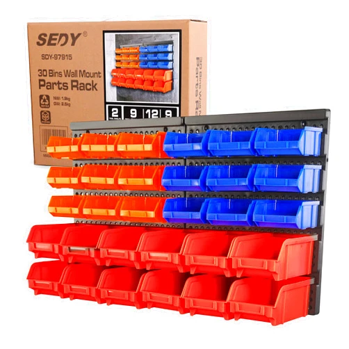 SEDY 30-Bin Wall-Mounted Storage Rack System - Heavy-Duty Garage Tool Organizer for Screws, Nuts, Bolts, Nails, Beads, and Small Hardware Parts - Easy Installation and Customizable Red Blue Orange