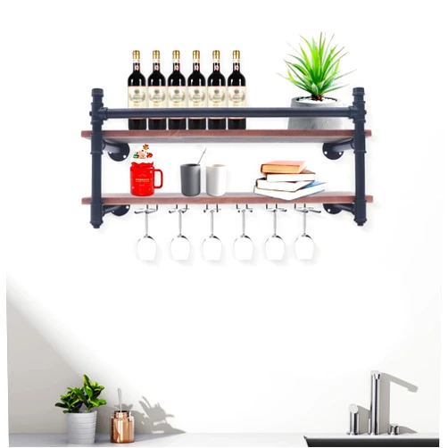 TFCFL Wall-Mounted Wine Rack 2-Tiers Hanging Wine Rack Industrial Pipe Wall Shelf Floating Shelves for Kitchen Bar Restaurant