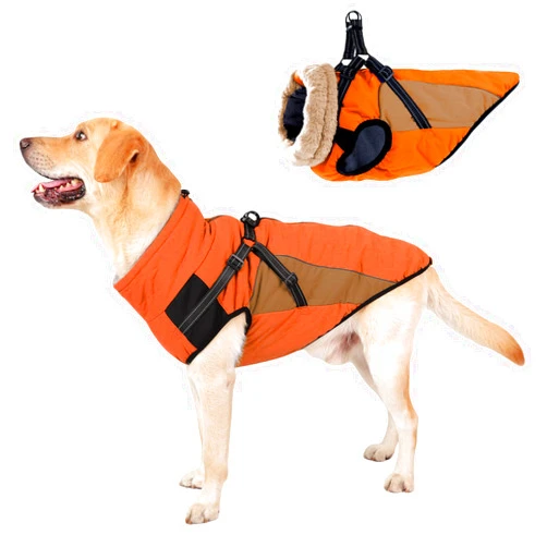 HEYWEAN Dog Coat with Harness Warm Fleece Lining & Zipper Dogs Winter Jacket Windproof & Waterproof Adjustable Buckle Reflective Strips Cold Weather Cozy Vest for Snowy Days (Orang, 2XL)