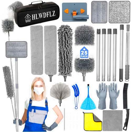 HLWDFLZ Microfiber Duster Kit 25pcs with 30 to 100 Inches Extension Pole and Baseboard Cleaner Tool, Washable and Bendable Feather Duster for Cleaning Ceiling Fans, High Ceilings, Cobwebs, Blinds,Grey